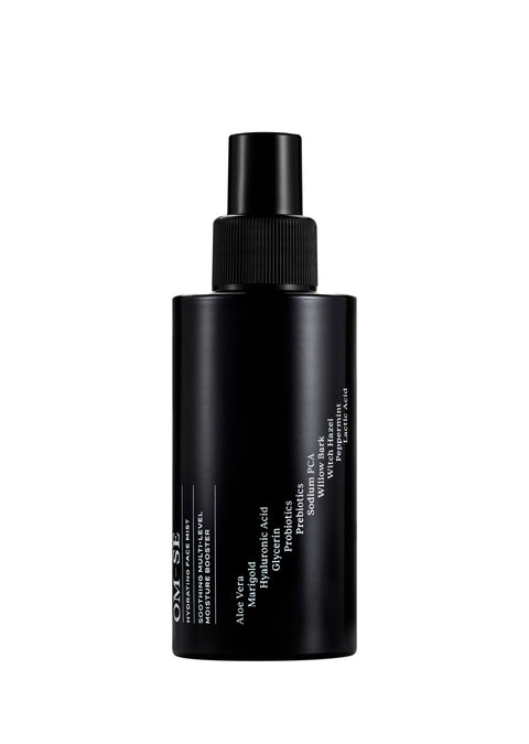 Sleek black glass bottle with stark white text creates a stylish minimalist skincare line from OM-SE. This hydrating facial mist is vegan and totally organic for easy beauty routines.
