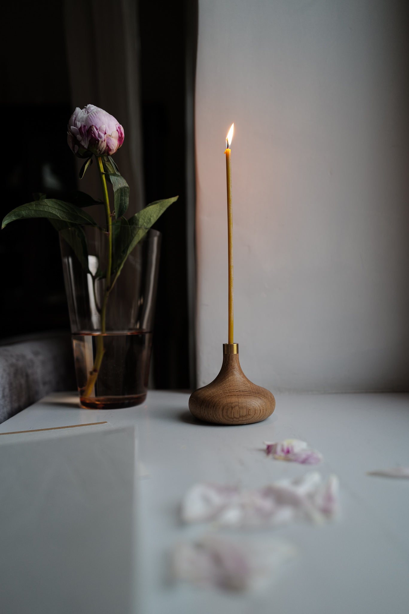 Simple and elegant, stylish hand turned oak candle holders for thin beeswax taper candles from Ovo Things