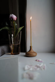 Simple and elegant, stylish hand turned oak candle holders for thin beeswax taper candles from Ovo Things