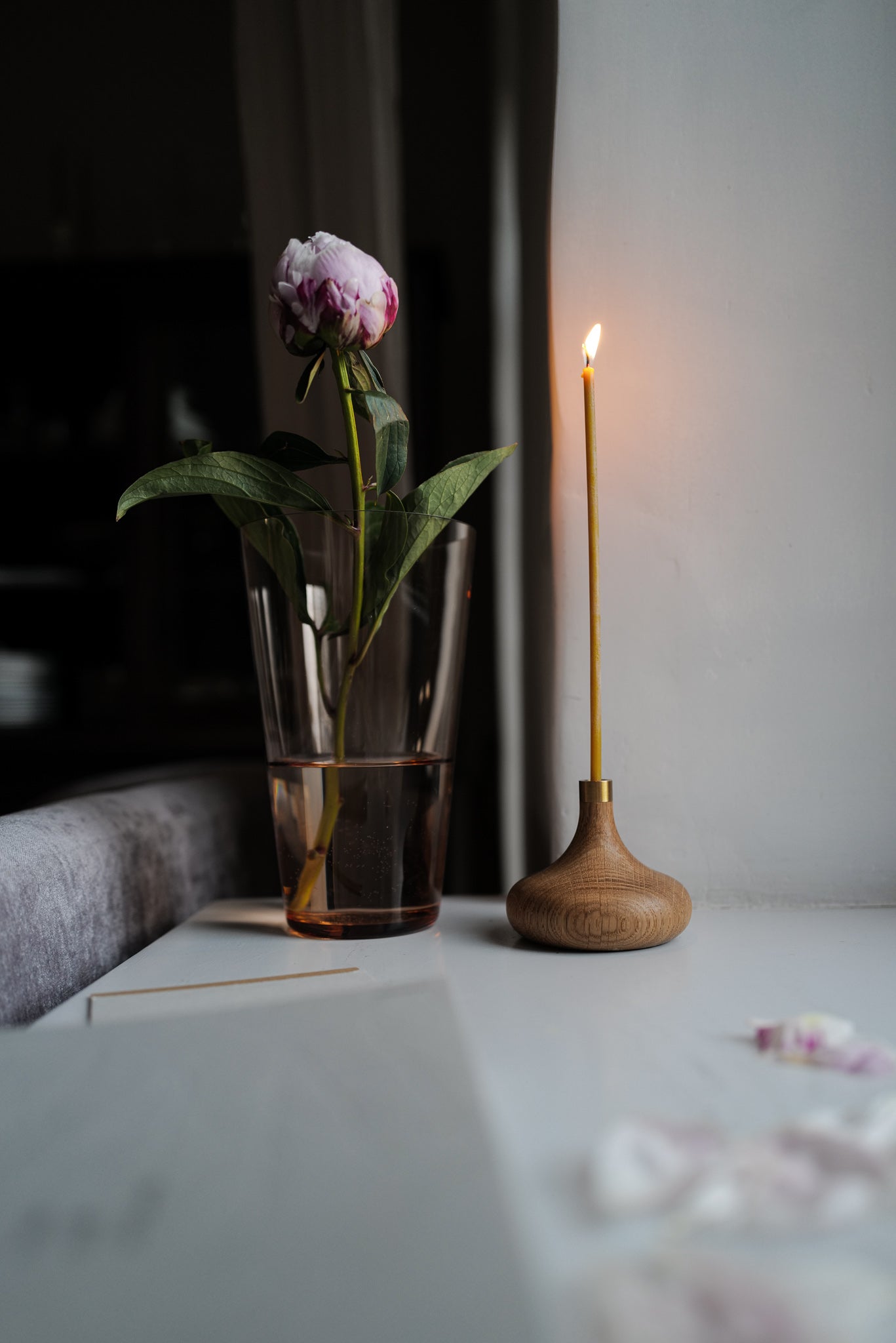 oak and brass candlestick for long thin candles from Ovo Things