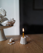 Ceramic hand cast candle holder in white glaze for thin beeswax taper candles by Ovo Things