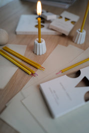 Great gifts of simple and elegant, stylish hand poured short thin beeswax taper candles with coloured wicks from Ovo Things