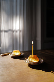 Simple and elegant, stylish hand poured short thin beeswax taper candles with coloured wicks from Ovo Things