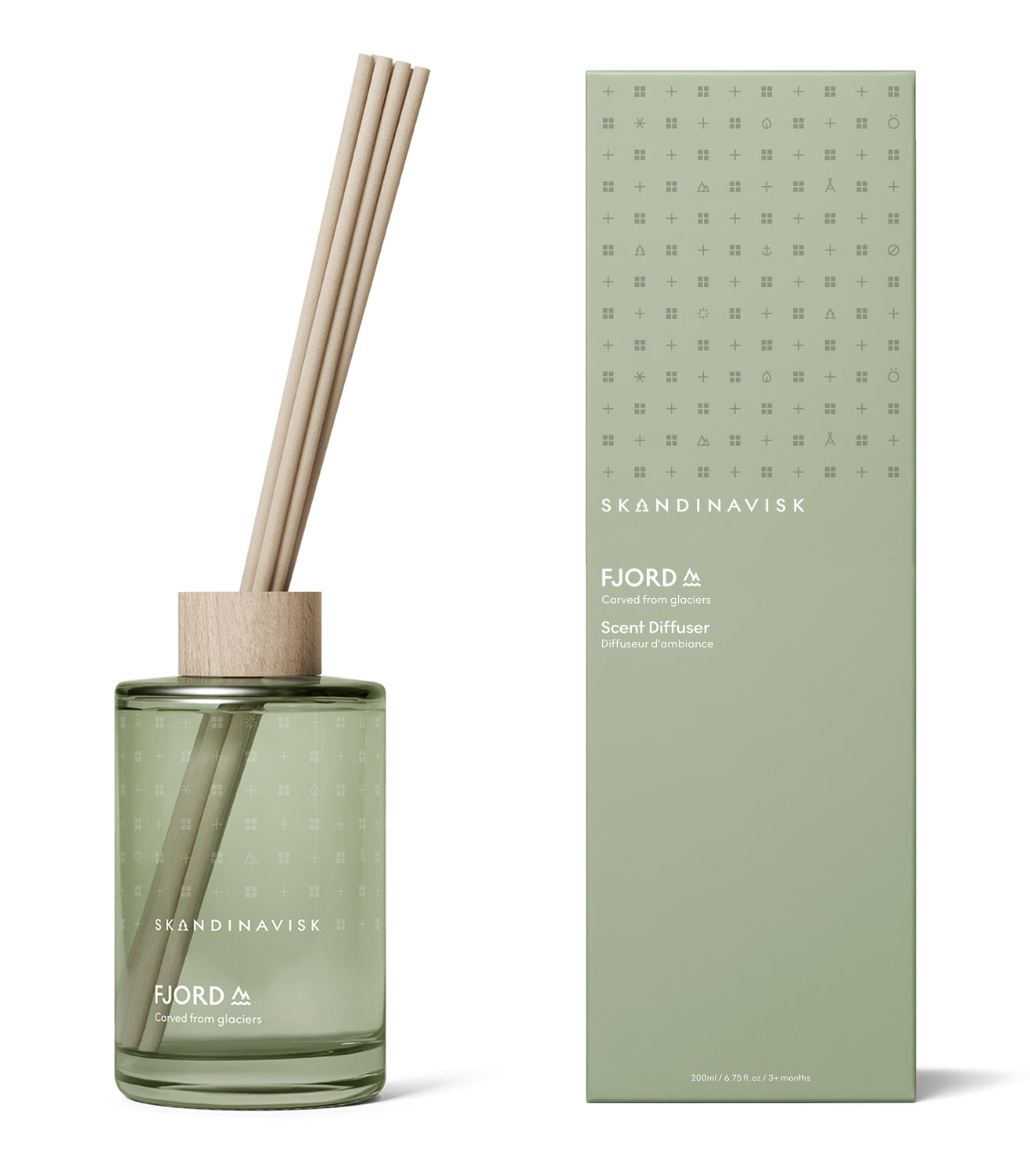 FJORD orchard  leaves scent diffuser of organic vegan room fragrance with 8 sticks in green coloured glass jars for the best in Nordic home style from Skandinavisk