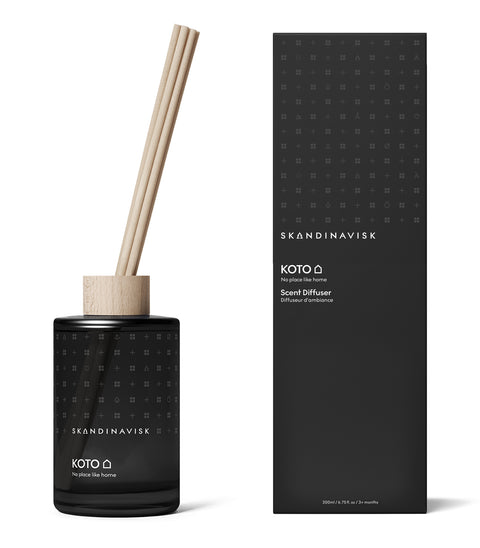 KOTO leathery vanilla scent diffuser of organic vegan room fragrance with 8 sticks in black coloured glass jars for the best in Nordic home style from Skandinavisk