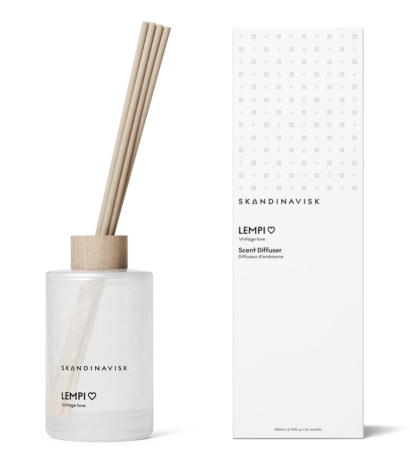 LEMPI floral scent diffuser of organic vegan room fragrance with 8 sticks in white coloured glass jars for the best in Nordic home style from Skandinavisk