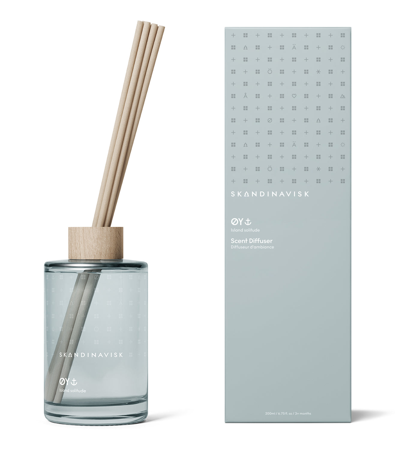 ØY scent diffuser of organic vegan room fragrance with 8 sticks in soft blue coloured glass jars for the best in Nordic home style from Skandinavisk