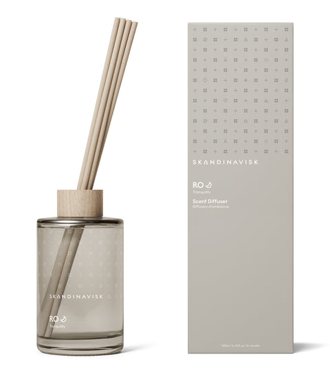 RO scent diffuser of organic vegan room fragrance with 8 sticks  in soft coloured glass jars for the best in Nordic home style from Skandinavisk
