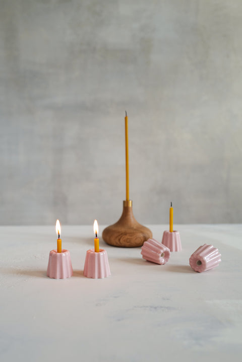 Pink ceramic and natural oak candle holders for thin beeswax taper candles from Ovo Things