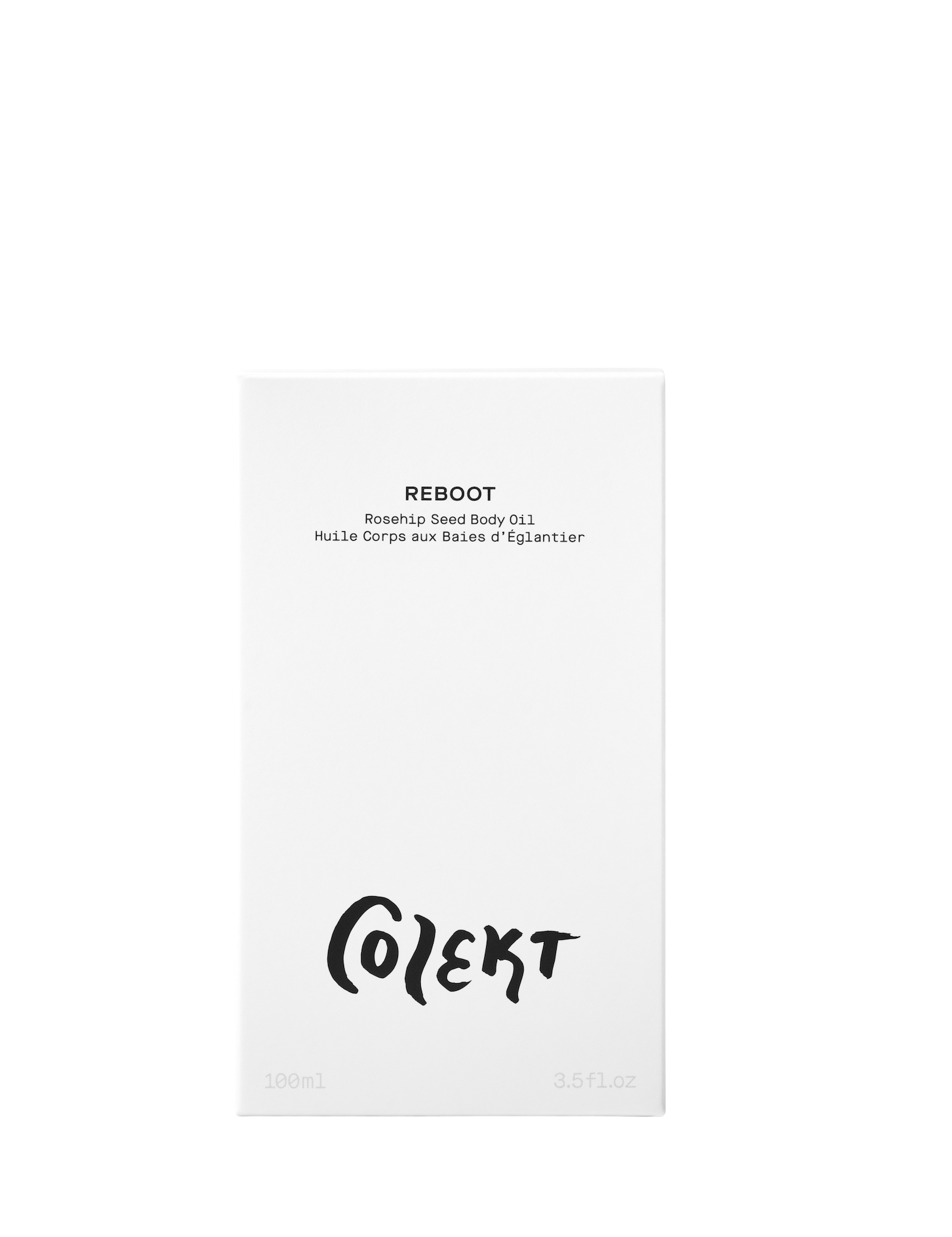 REBOOT rosehip seed natural & vegan body oil in elegant white box with bold black graphic from Colekt Stockholm