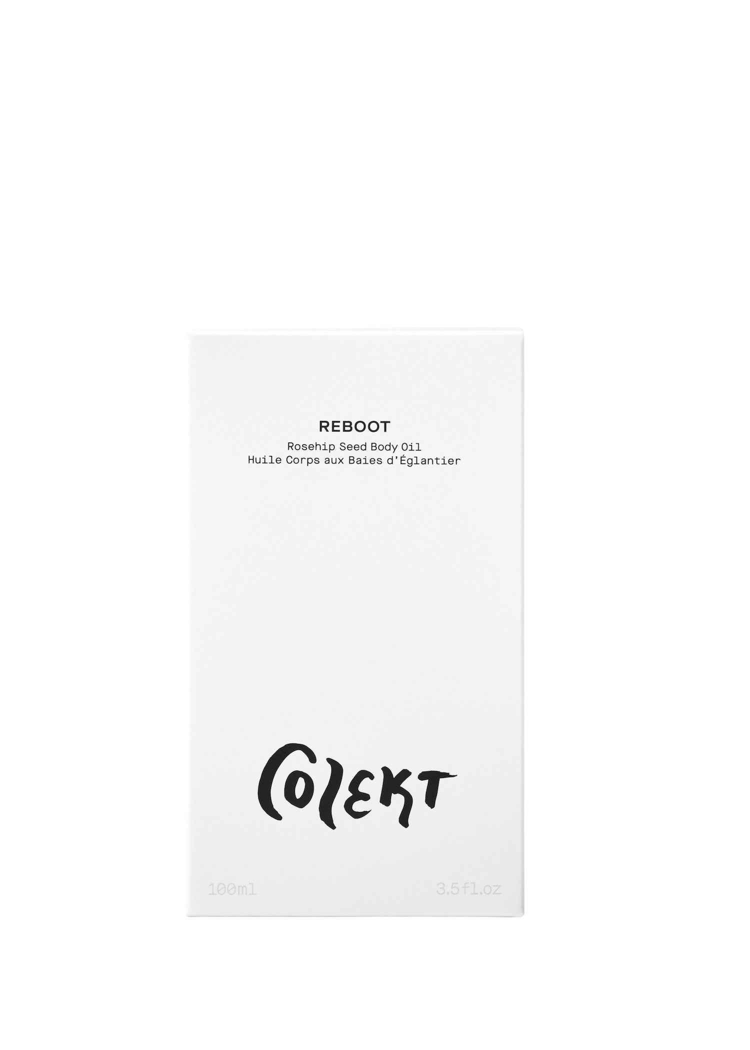 REBOOT rosehip seed natural & vegan body oil in elegant white box with bold black graphic from Colekt Stockholm