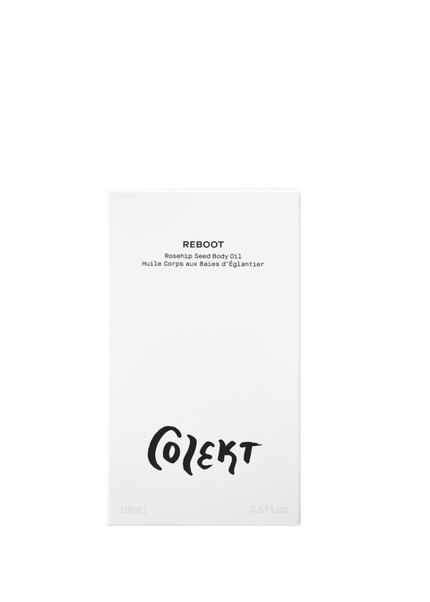 REBOOT rosehip seed natural & vegan body oil in elegant white box with bold black graphic from Colekt Stockholm
