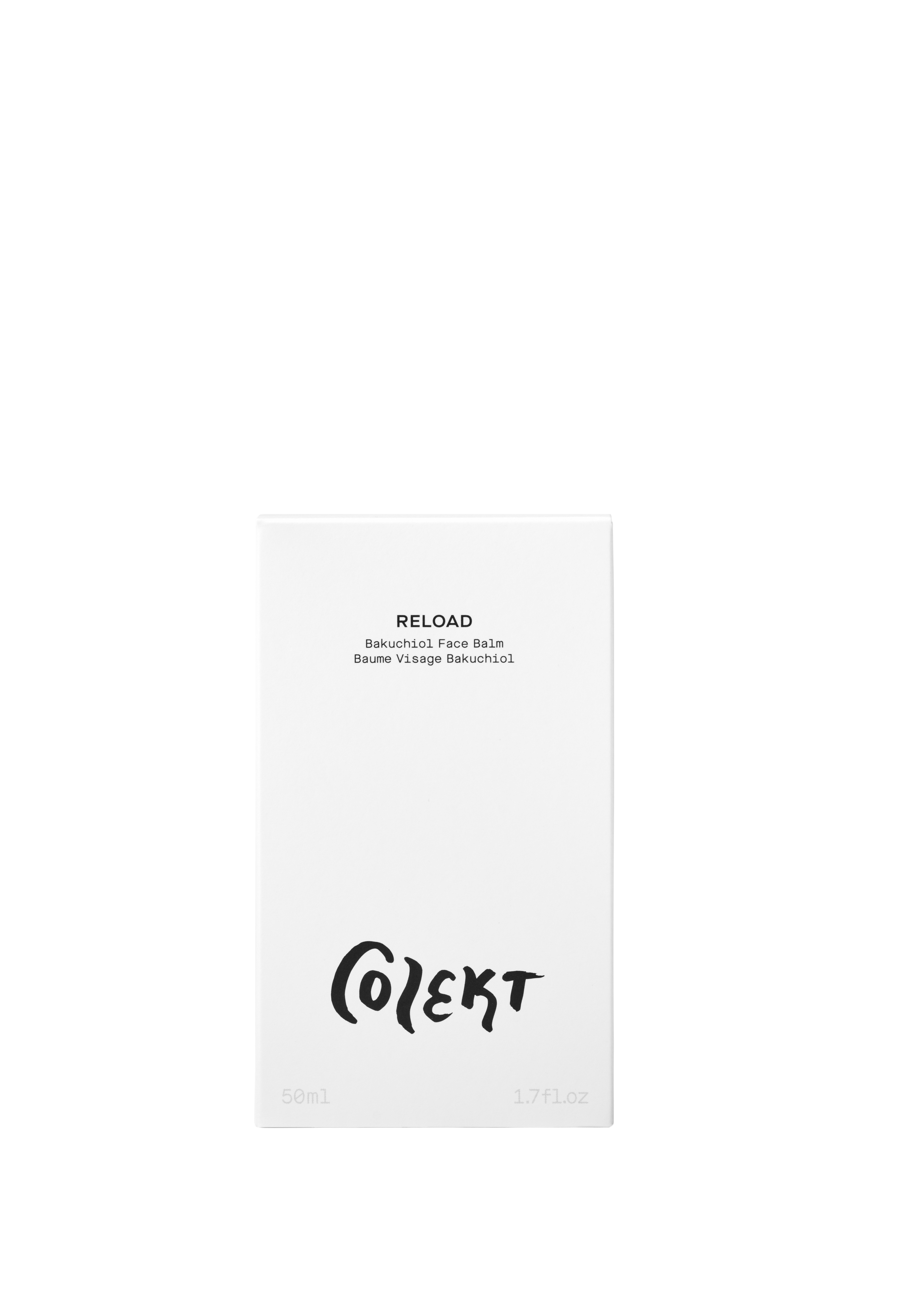 RELOAD bakuchiol face balm natural & vegan skincare in elegant white box with bold black graphic from Colekt Stockholm