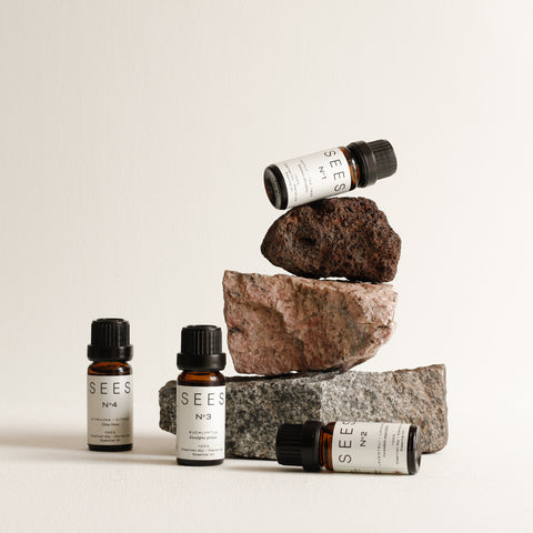 Pure essential oils for diffusers, massage or sauna in the natural home, presented in a brown glass bottle for a quality wellbeing gift from Finland's natural lifestyle company SEES