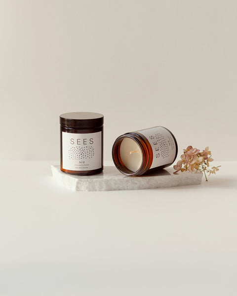Sustainable unscented soy wax candle for the natural home, presented in a brown lidded glass jar for a quality gift from Finland's natural beauty company SEES