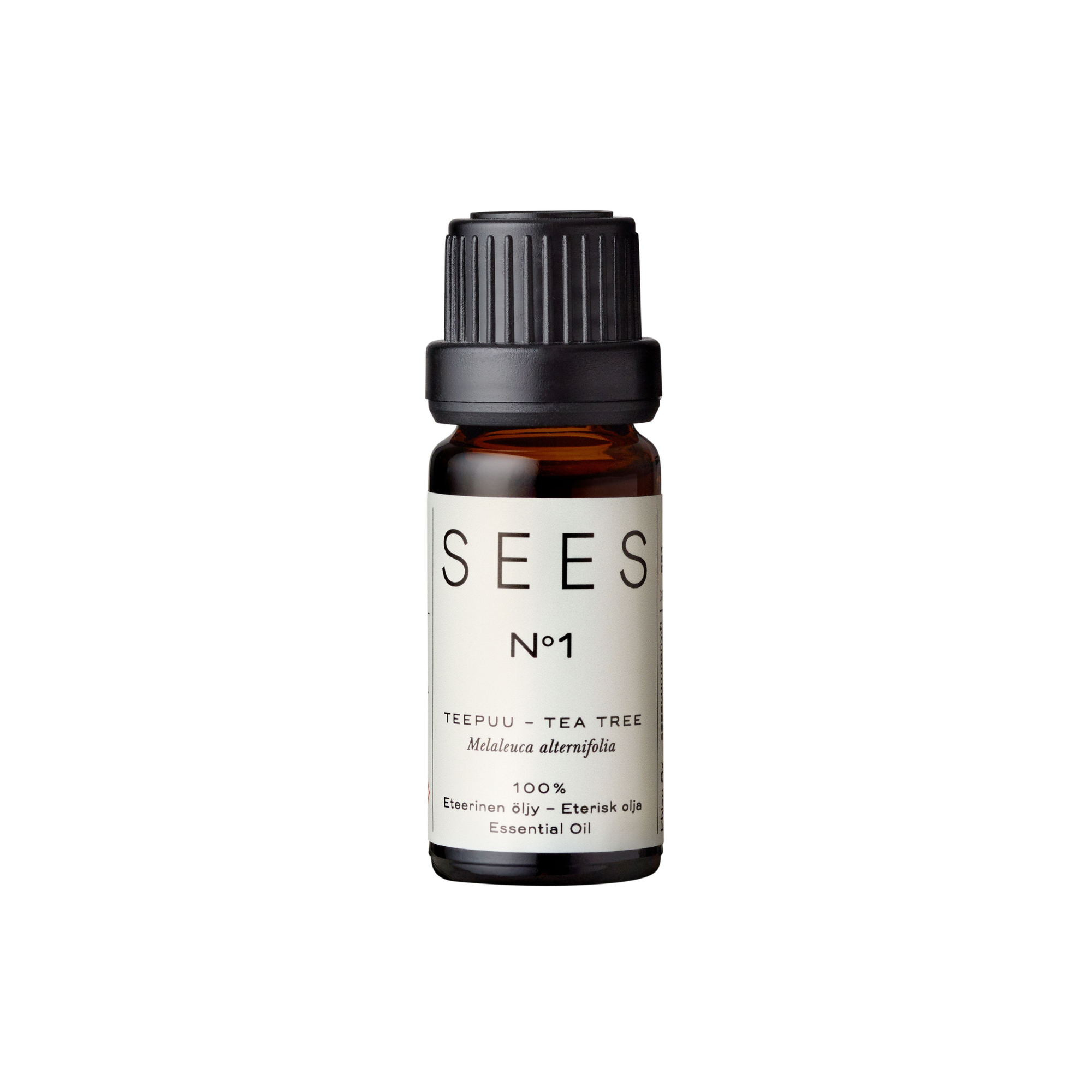 Tea tree essential oil for diffusers, massage or sauna in the natural home, presented in a brown glass bottle for a quality wellbeing gift from Finland's natural lifestyle company SEES