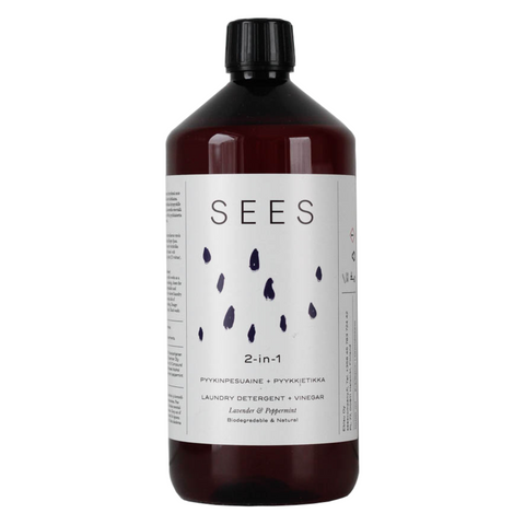 Sustainable and biodegradeable 2 in 1 laundry wash for pure, effective naturally-scented laundry, in a brown recycleable bottle from Finland's natural lifestyle company SEES