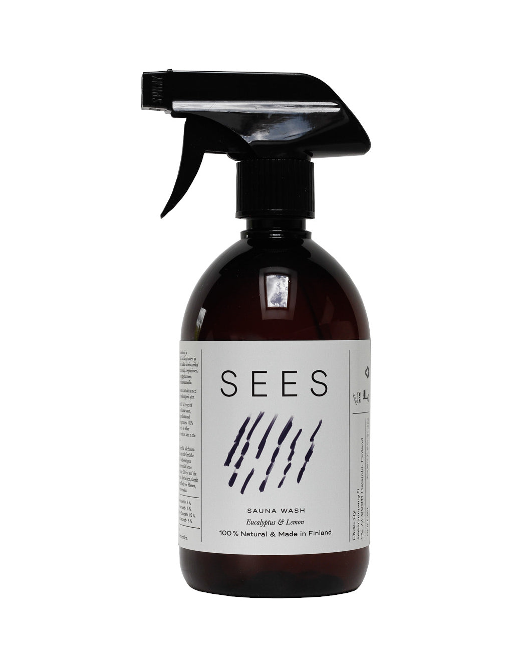 The biodegradeable plastic bottle and product of SEES Sauna Wash, in a versatile spray bottle to easily hygienically clean the sauna, is toxins free whilst leaving behind a wonderful natural scent of lemon & eucalyptus. 