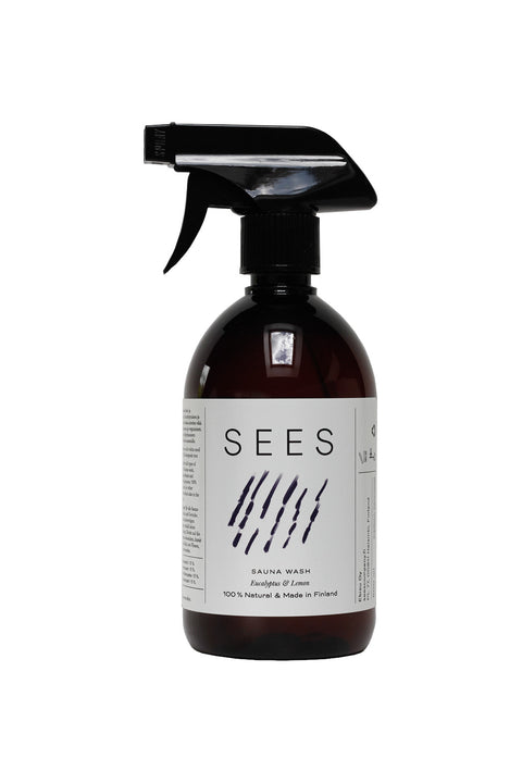 The biodegradeable plastic bottle and product of SEES Sauna Wash, in a versatile spray bottle to easily hygienically clean the sauna, is toxins free whilst leaving behind a wonderful natural scent of lemon & eucalyptus. 