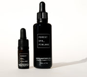 Black glass dropper bottle in 2 sizes, full of active Nordic Adaptogens for the skin to brighten, support and protect direct from Forest Spa Finland