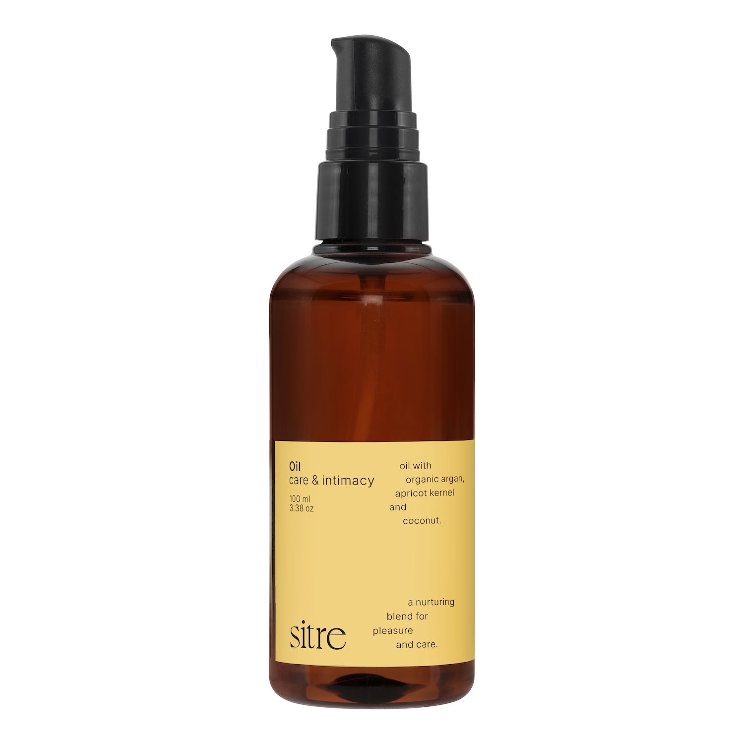 Care & Intimacy oil with in a pump bottle with yellow labelling that would look good on any nightstand  for sexual health in a natural and open way from Sitre