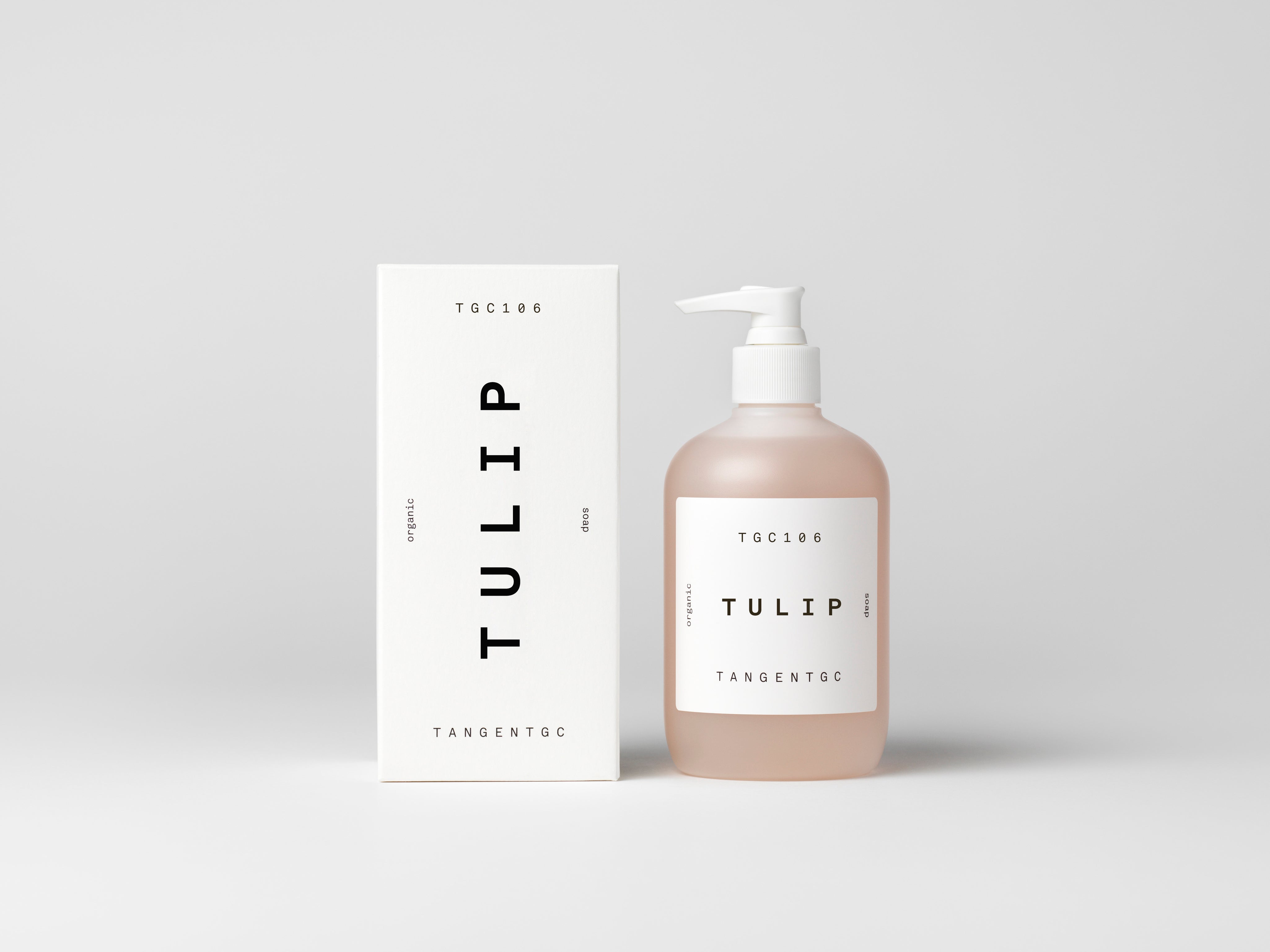 Simple & refined white box with statement text for luxury organic hand soap with natural Tulip perfume from Tangent GC