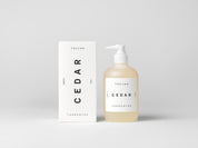 Simple & refined white box with statement text for luxury organic hand soap with natural Cedar perfume from Tangent GC