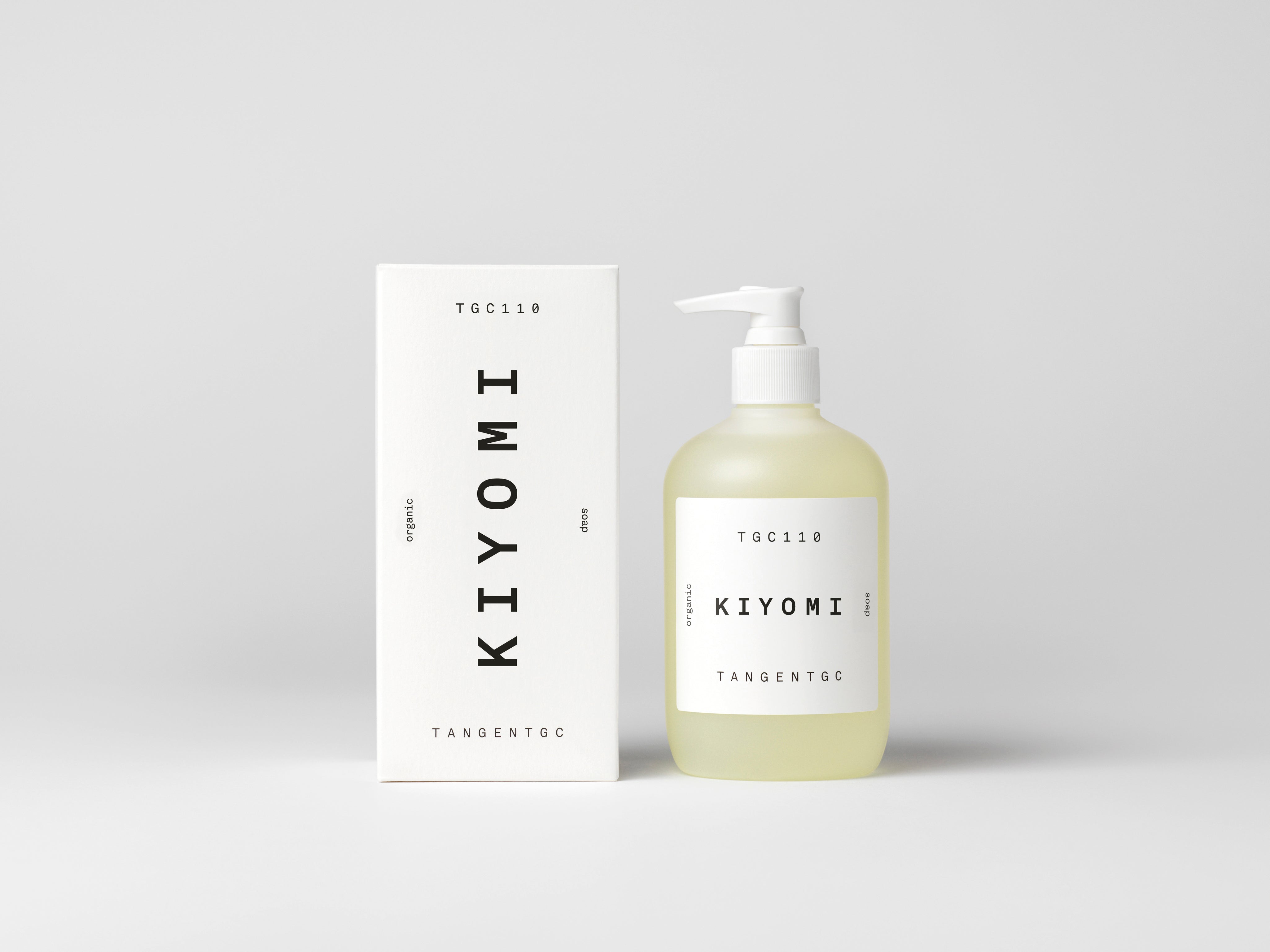 Simple & refined white box with statement text for luxury organic hand soap with natural Kiyomi perfume from Tangent GC