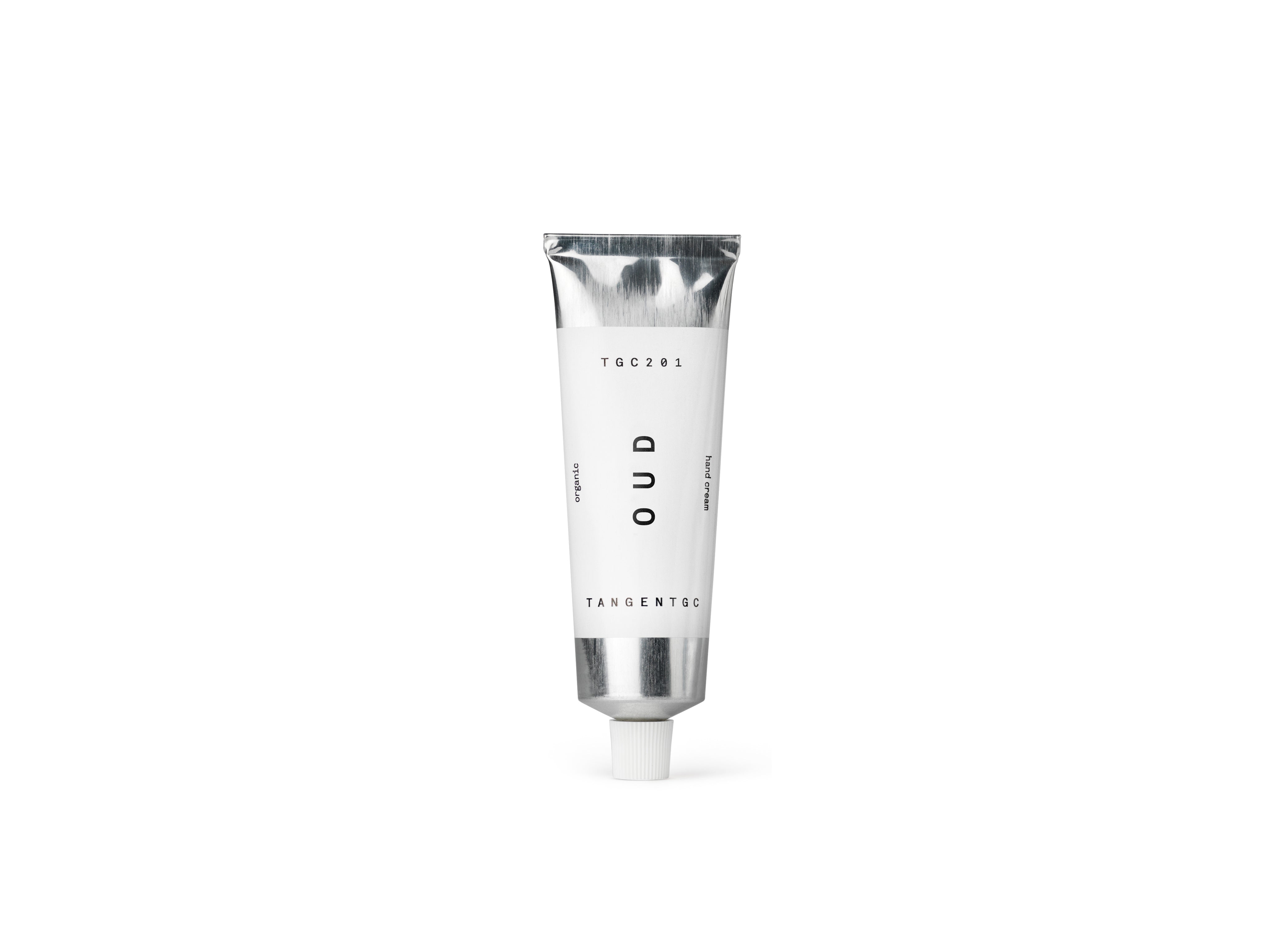 Stylish aluminium tube of organic hand cream with natural Oud perfume from Tangent GC