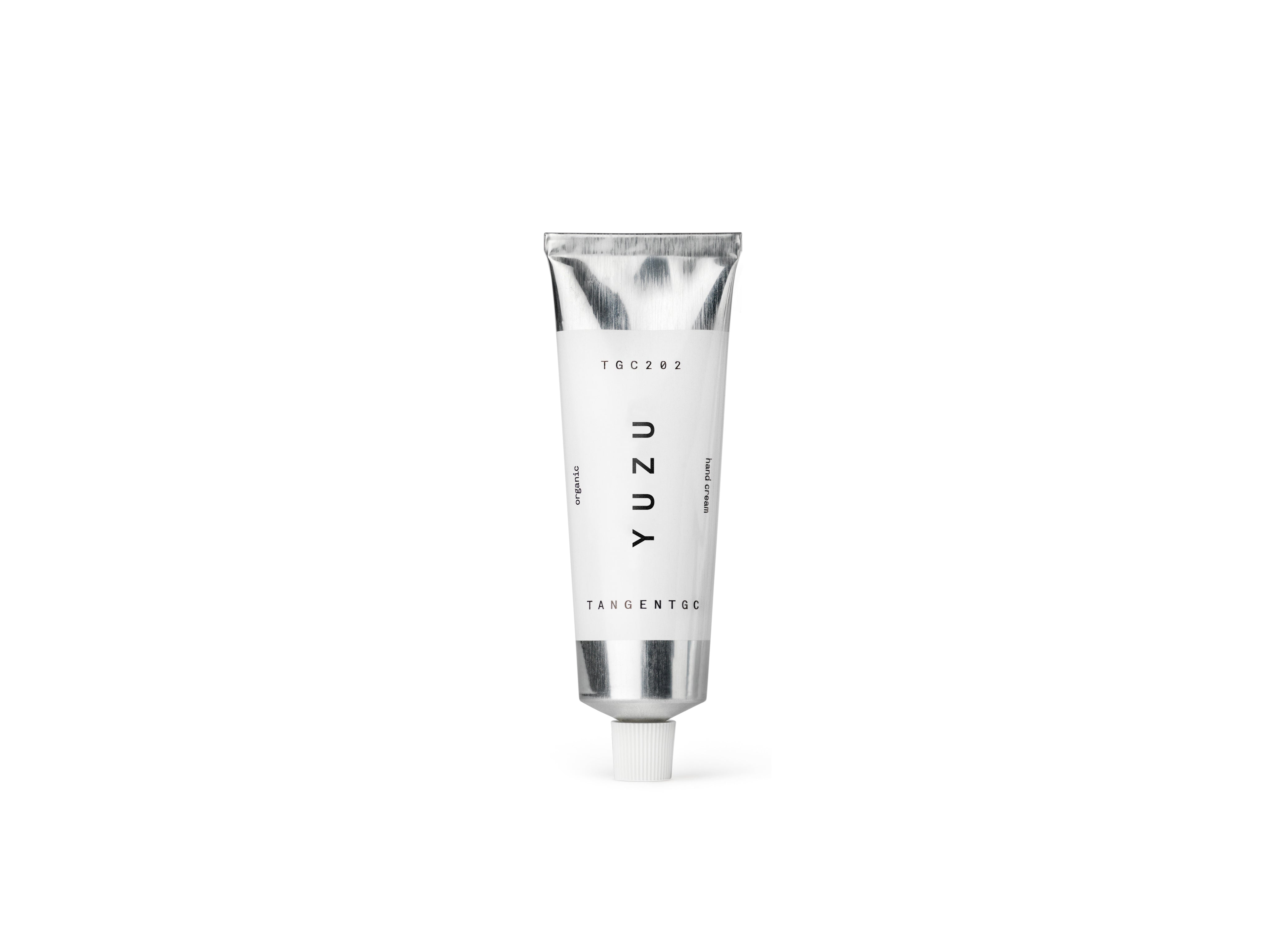 Stylish aluminium tube of organic hand cream with natural Yuzu perfume from Tangent GC