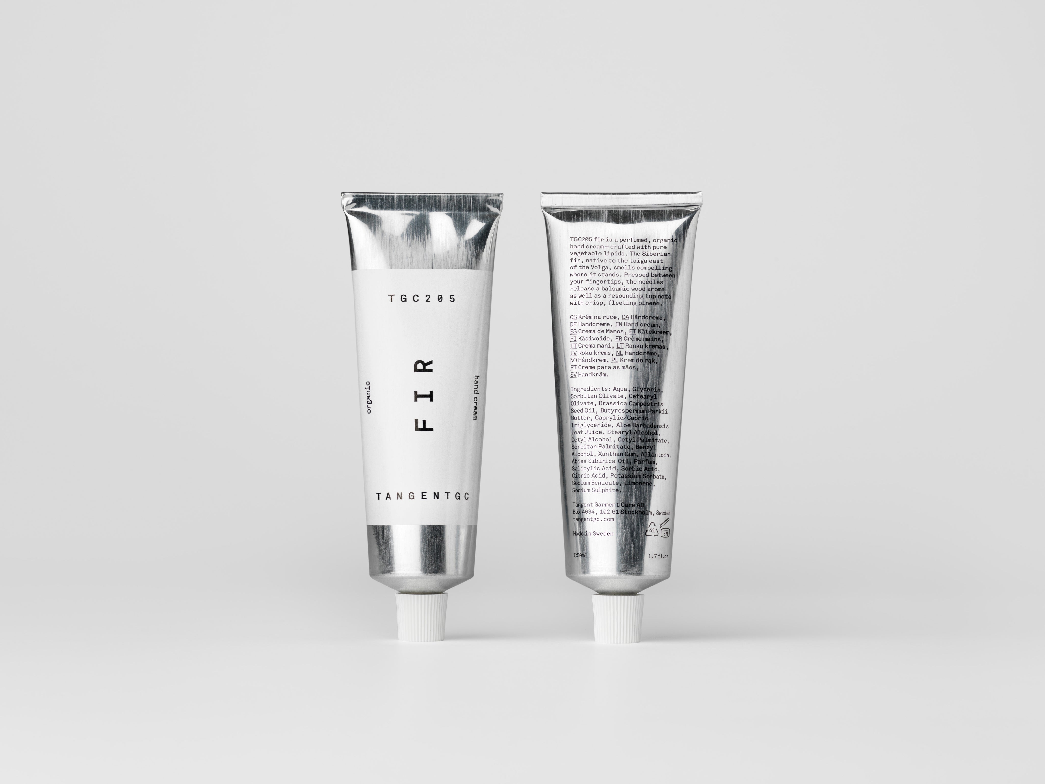 Stylish aluminium tube of organic hand cream with natural Fir perfume from Tangent GC