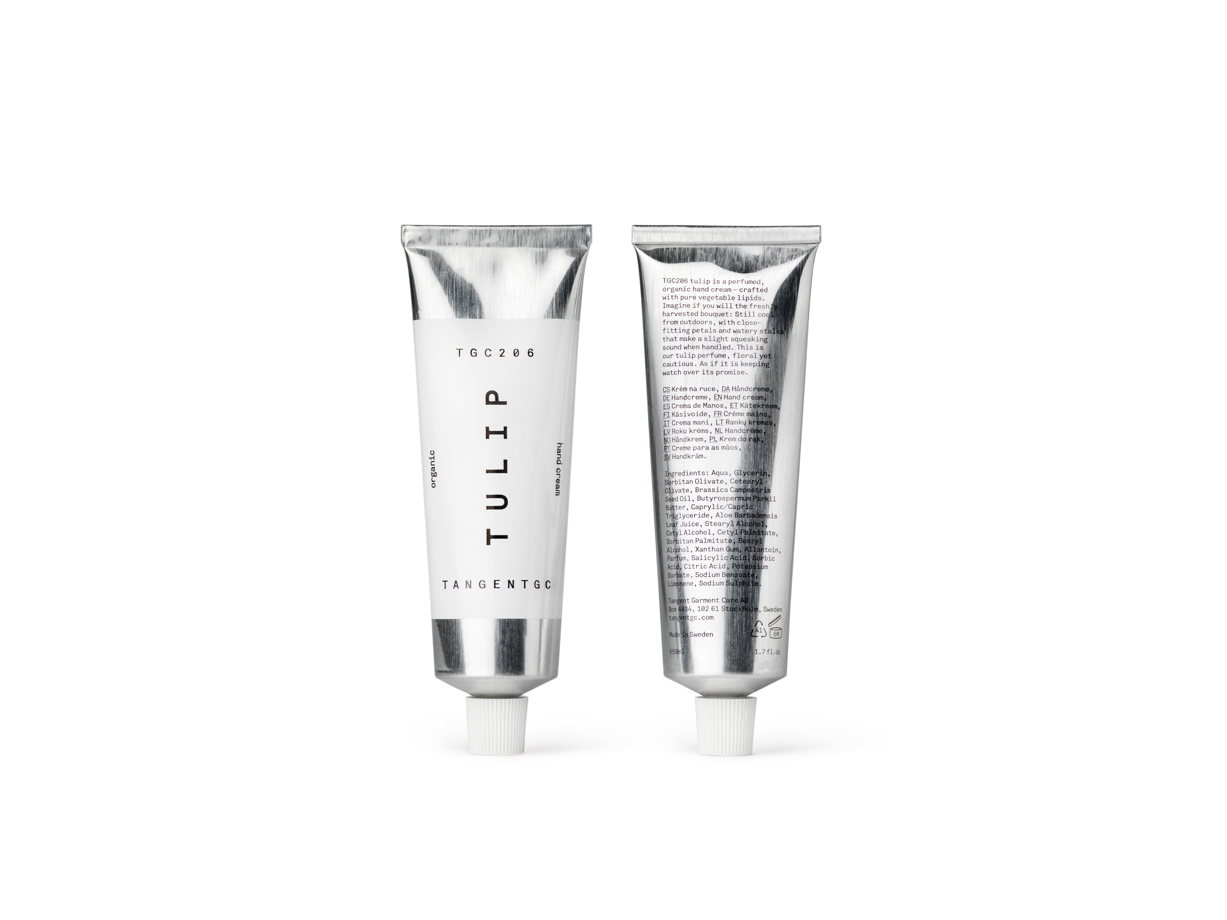 Stylish aluminium tube of organic hand cream with natural Tulip perfume from Tangent GC