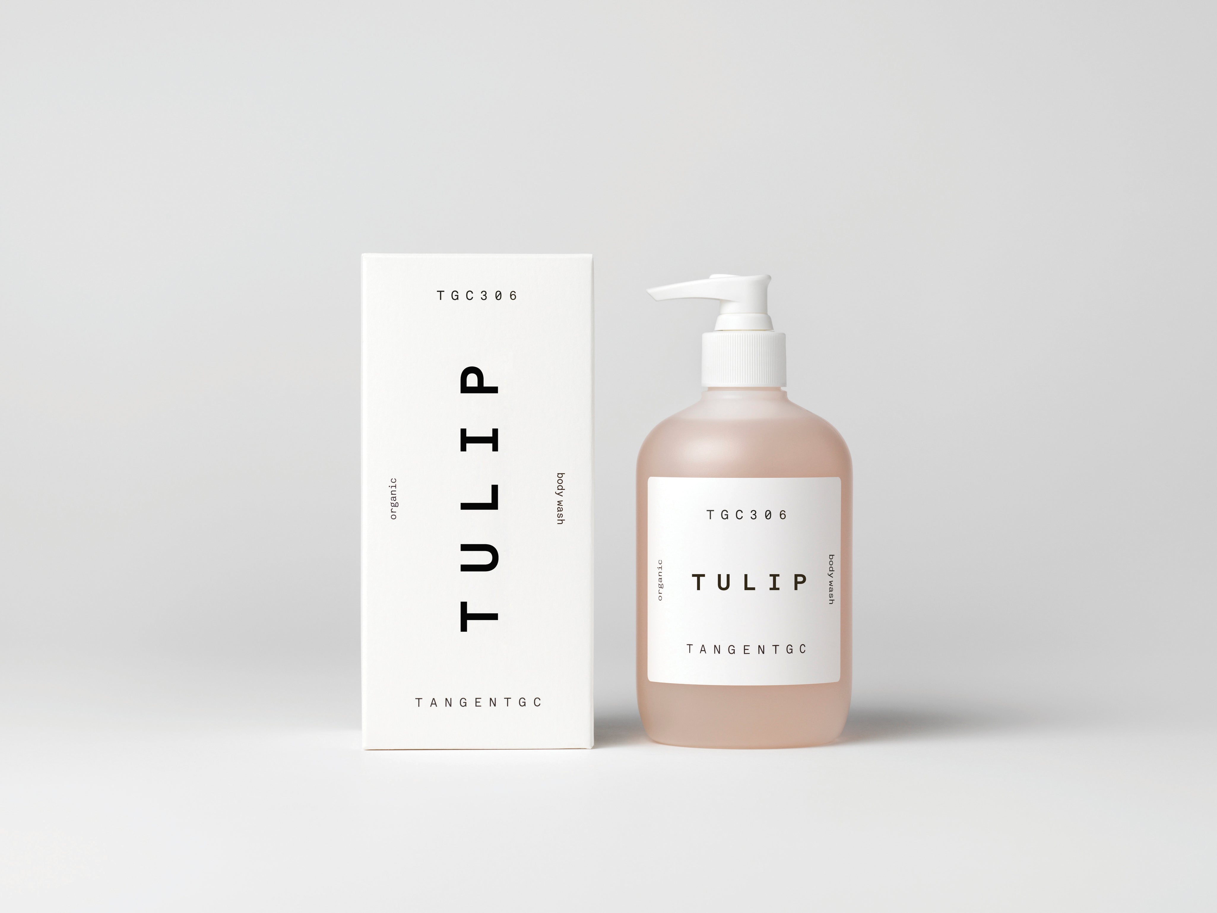 Simple & refined white box with statement text for luxury organic body wash with natural Tulip perfume from Tangent GC 