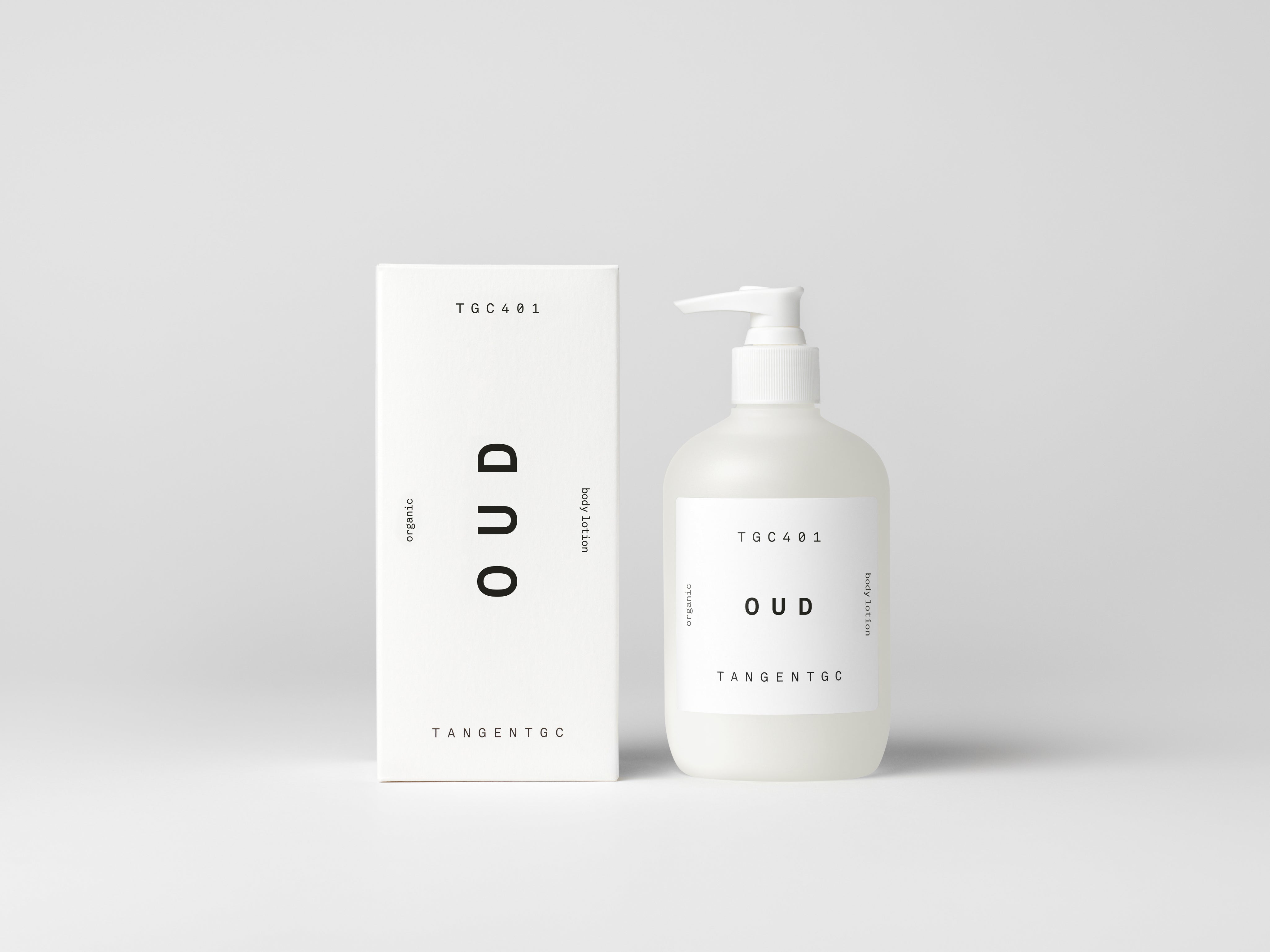 Simple & refined white box with statement text for luxury organic body lotion with natural Oud perfume from Tangent GC 