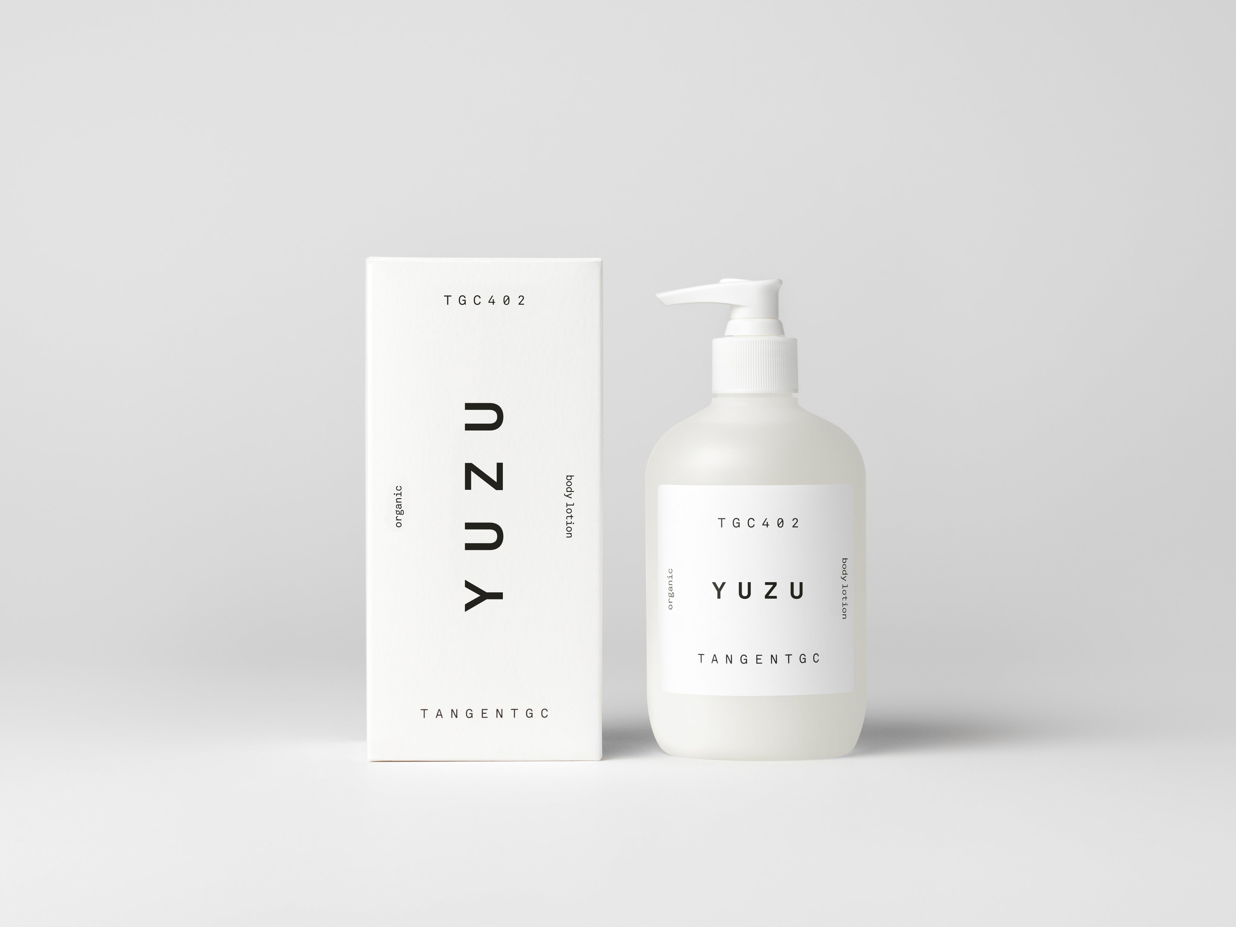 Simple & refined white box with statement text for luxury organic body lotion with natural Yuzu perfume from Tangent GC 