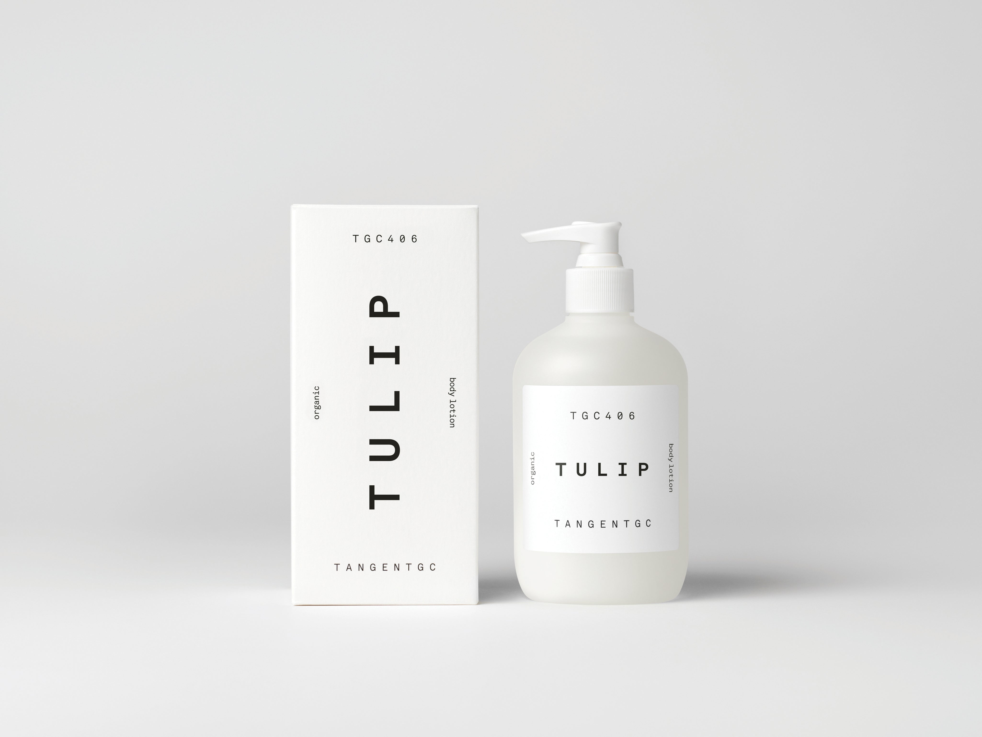 Simple & refined white box with statement text for luxury organic body lotion with natural Tulip perfume from Tangent GC