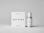 Simple & refined white box with statement text for luxury unisex eau de parfum with natural Vitiver, a green, smoky & woody fragrance from Tangent GC