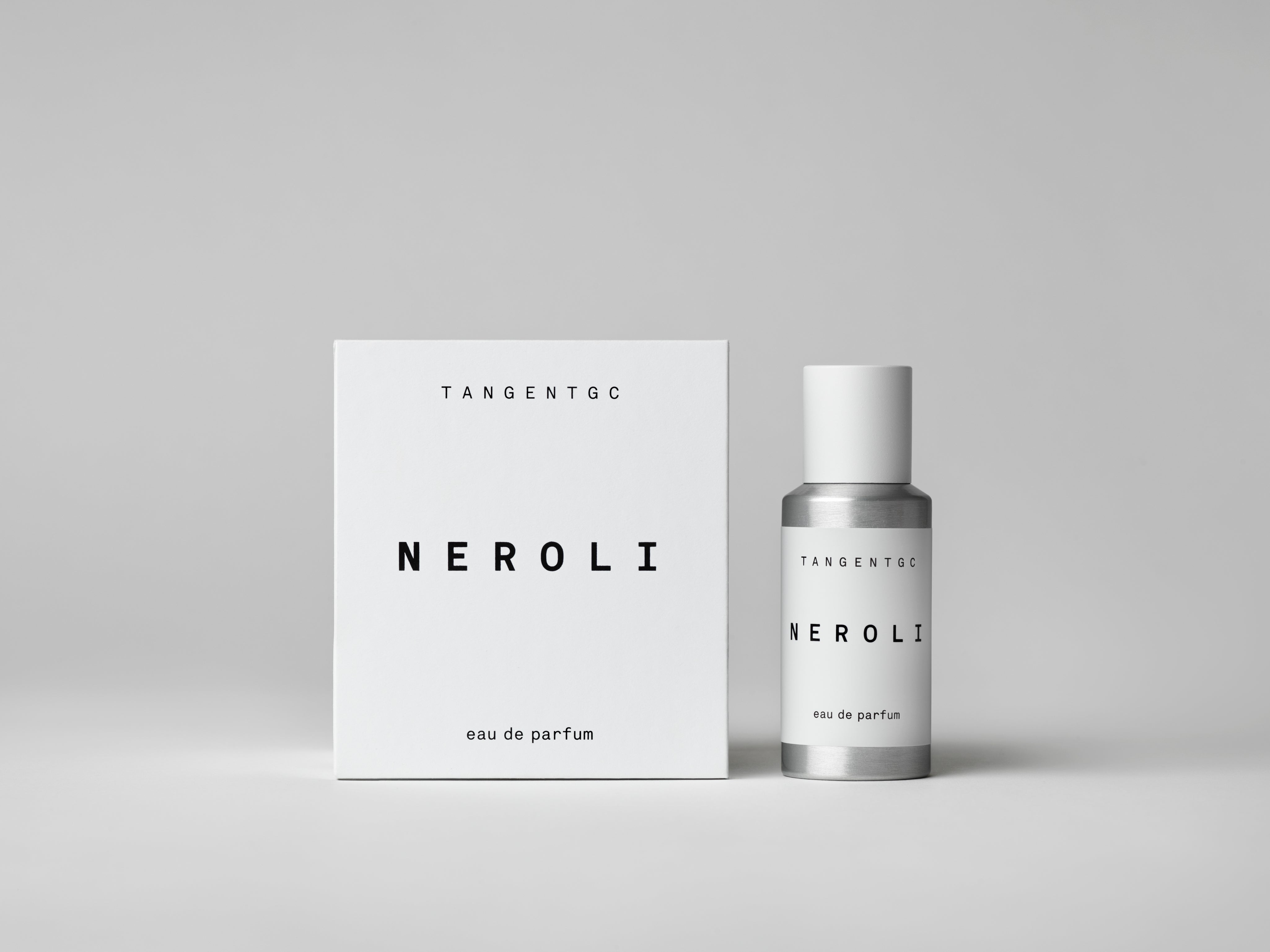 Simple & refined white box with statement text for a clean fragrance with natural scent , Neroli is a citrus floral eau de parfum from Tangent GC