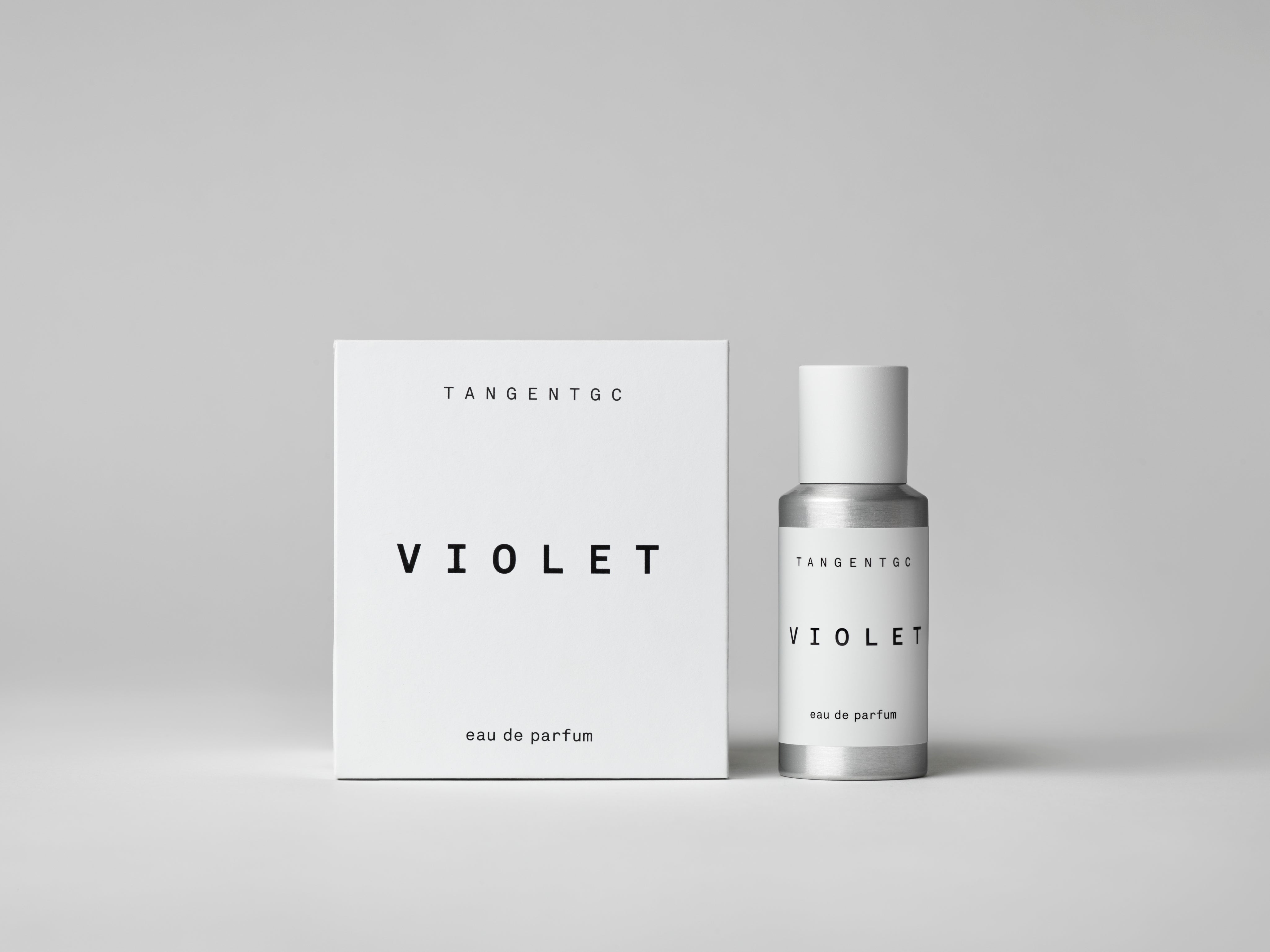 Simple & refined white box with statement text for a clean fragrance with natural scent , Violet is a powdery floral eau de parfum from Tangent GC