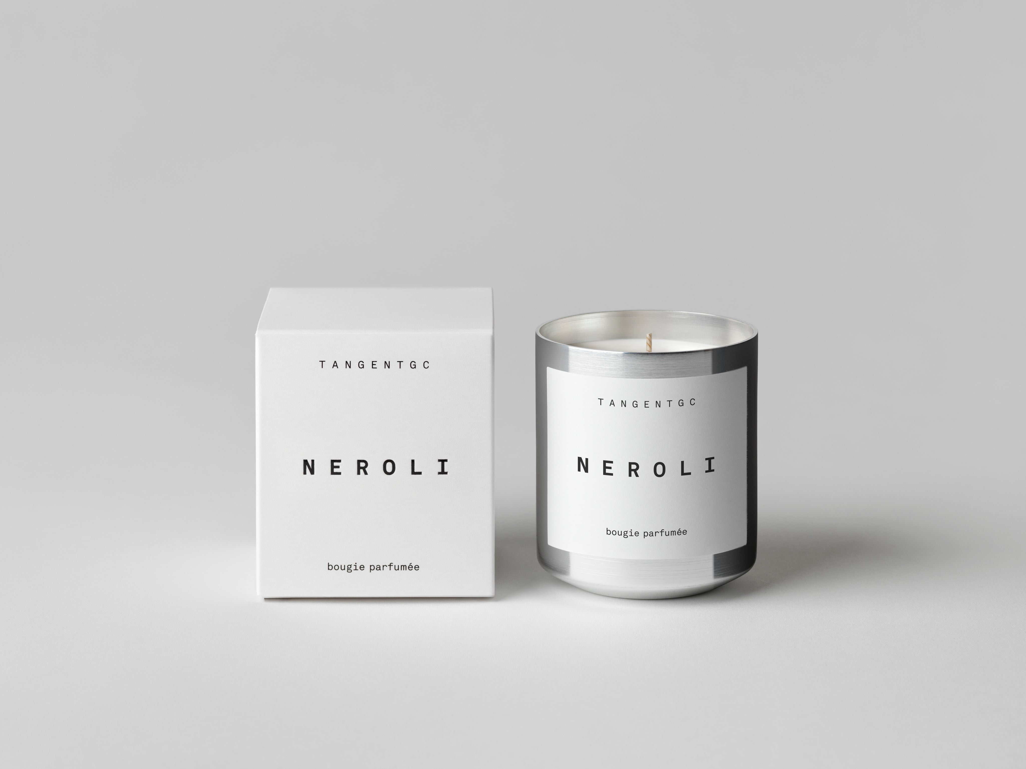 Simple &amp; refined white box with statement text for luxury vegan candle with natural Neroli a citrus floral fragrance from Tangent GC