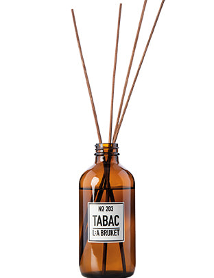 All natural, organic and vegan room diffuser in amber glass with the green & sweet scent of Tabac from the best of Sweden's coastal home fragrance brand, L:A Bruket