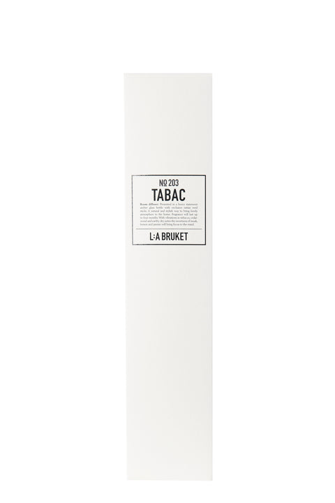 All natural, organic and vegan room diffuser in amber glass with the green & sweet scent of Tabac from the best of Sweden's coastal home fragrance brand, L:A Bruket