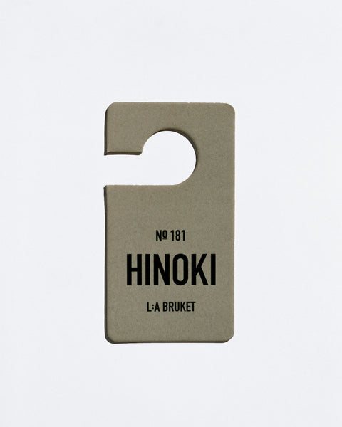 All natural, organic and vegan room scent on hanging tag with the cypress scent of Hinoki from the best of Sweden's coastal home fragrance brand, L:A Bruket