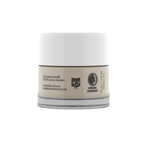 Glass jar of Prep Purifying Mask for mild exfoliating effect on the face from natural olive leaves from raw plant skincare brand Tash sisterhood.