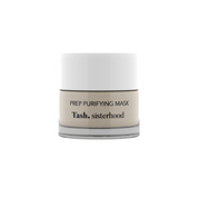 Glass jar of Prep Purifying Mask for mild exfoliating effect on the face from natural olive leaves from raw plant skincare brand Tash sisterhood.