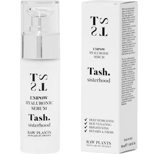 All white box and bottle containing Hyaluronic serum delivers moisture locking hyaluronic acid to your skin in a luxury pump bottle. Raw plants power from Tash sisterhood. (8539123810609)