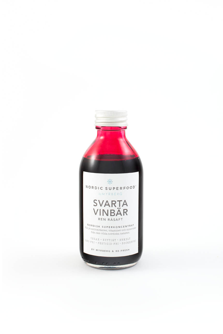 Glass bottle of pure, concentrated raw pressed blueberry health shot from Nordic Superfoods