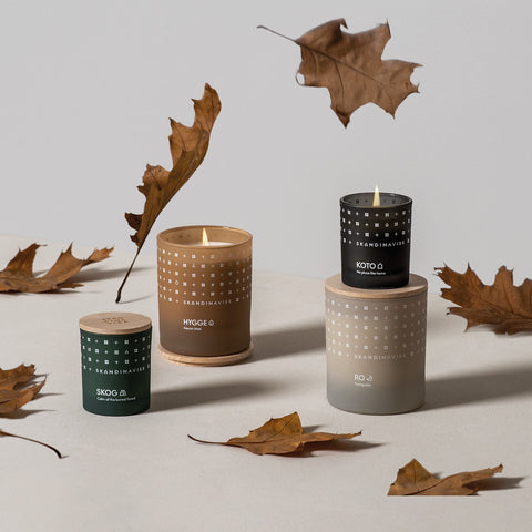 Hibernate Gift set of 3 autumnal organic vegan scented candles - SKOG; HYGGE & KOTO, in soft matt glass jars with wooden lid for Nordic home style from Skandinavisk