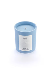 Signature blue candle in the same sky blue ceramic jar, inspired by Scandinavian skies, in the scent BARR - a blend of pine, cinnamon & resin from Amoln, makers of Sweden's royal candles.