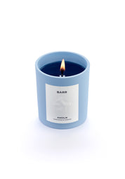 Signature blue candle in the same sky blue ceramic jar, inspired by Scandinavian skies, in the scent BARR - a blend of pine, cinnamon & resin from Amoln, makers of Sweden's royal candles.